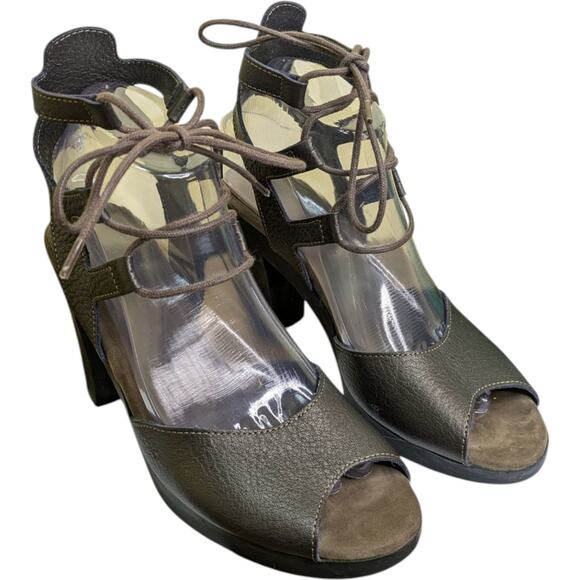 Archer Lace Up Peep Toe Block Heel Sandals Brown Leather Size 38 US 7.5 France - Picture 2 of 13